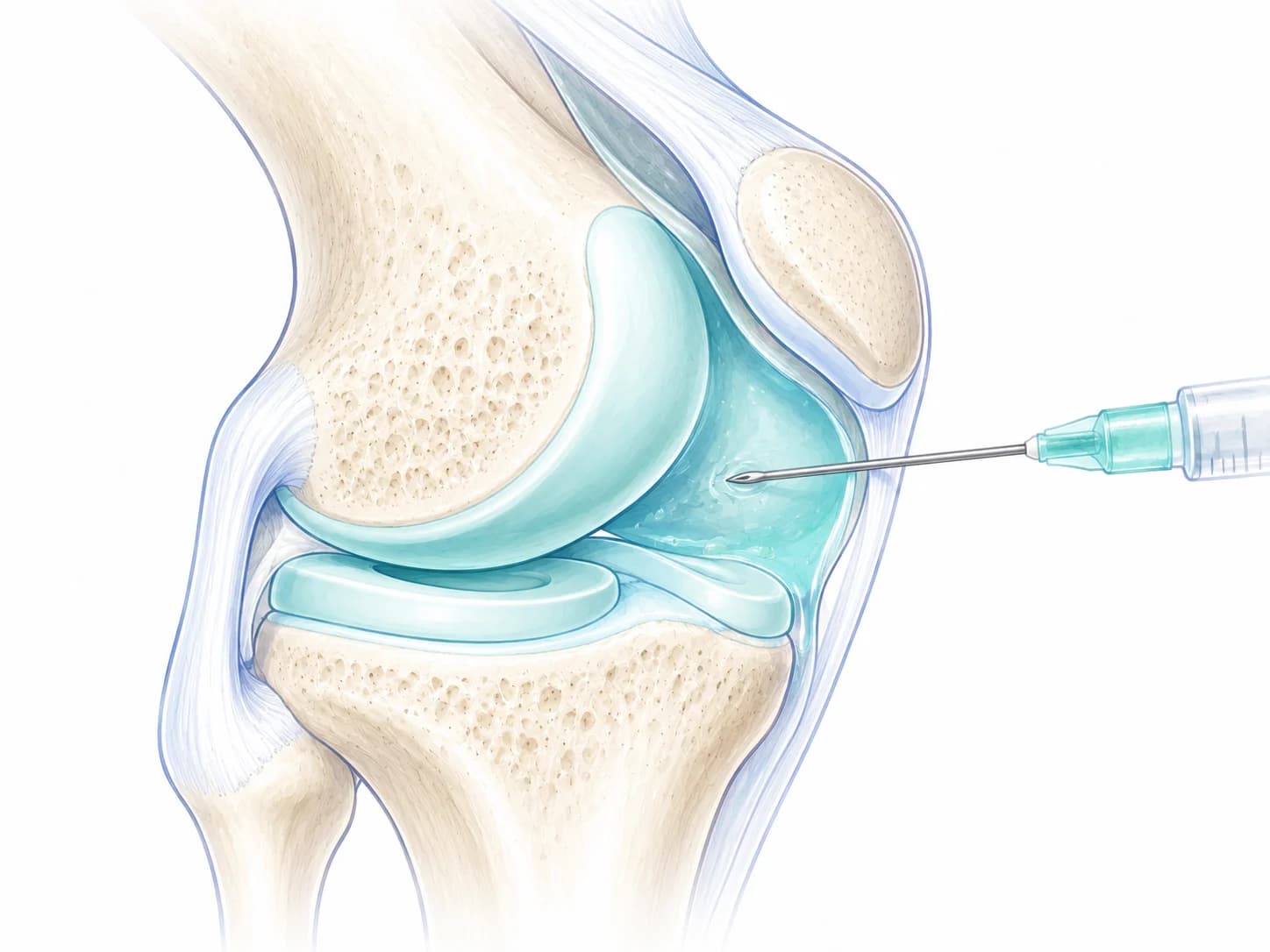 Illustration of a knee joint from the side, with a needle placed into the joint space